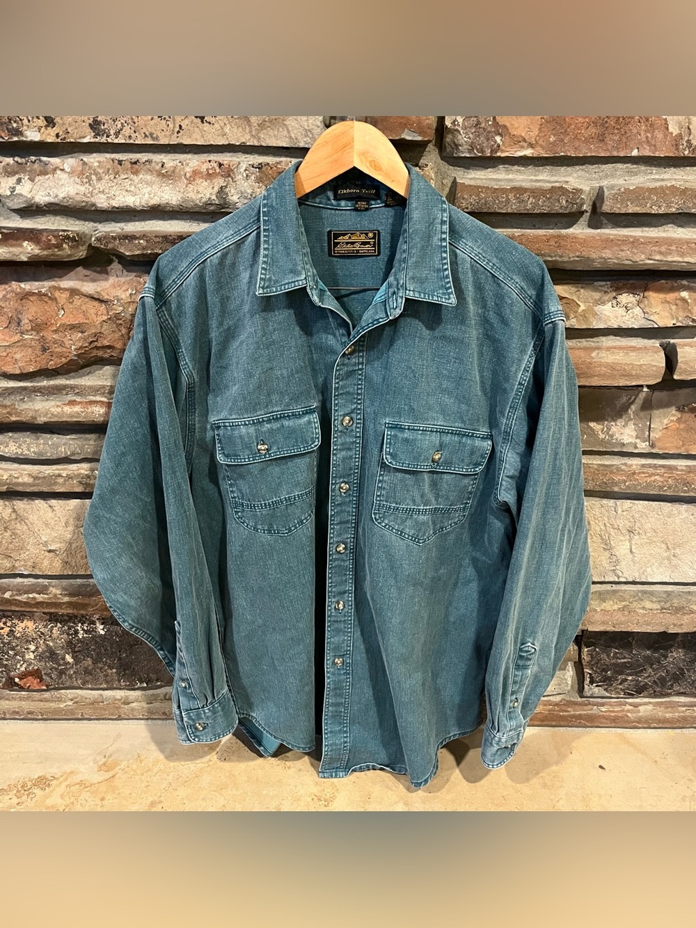 Eddie Bauer Elkhorn Twill Vintage-Style Teal Denim Shirt Long Sleeve
